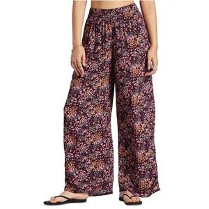 Roxy Forever and A Day Black Wide-Leg Floral Pull-On Pants Pink & Orange M